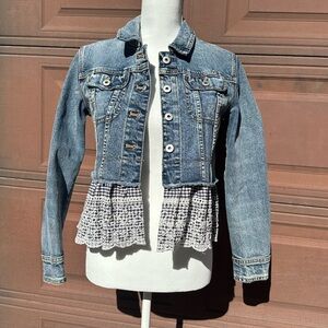 Pilcro and the Letterpress Blue Cropped Denim Jacket with Crochet Trim